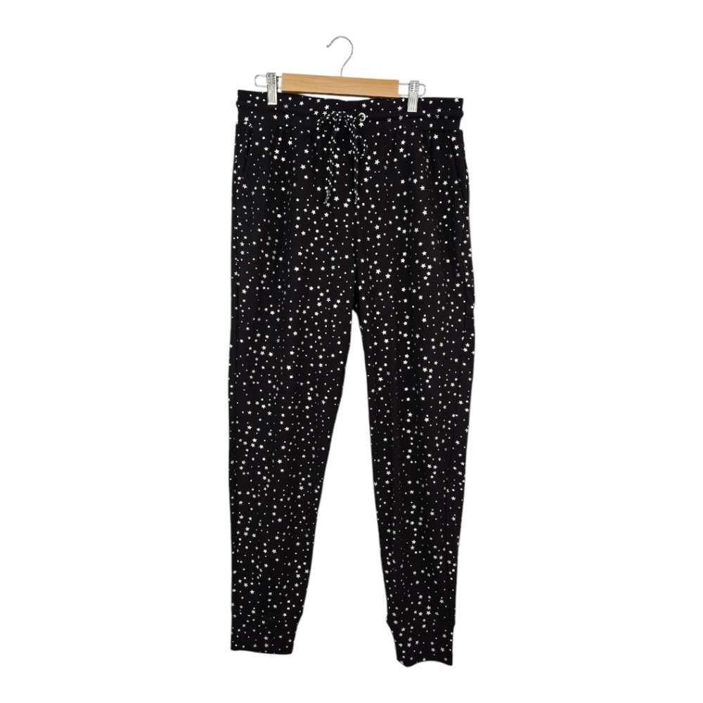 Terez Womens Black Silver Joggers L Star Print Drawstring Fleece Sweatpants